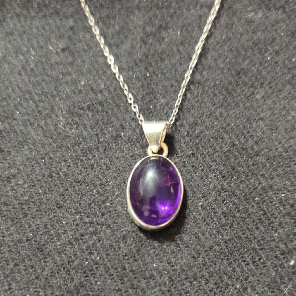 Sterling Silver Purple Amethyst Gemstone Oval Pendant Statement Necklace